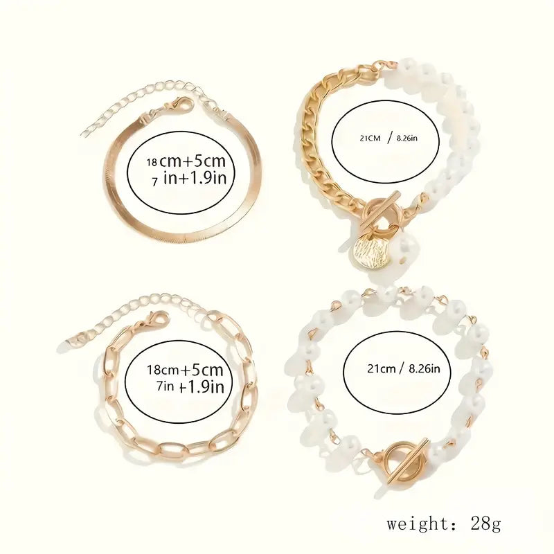 Chic Gold 4-Piece Bracelet Set – Snake, Pearls & Links | Gold